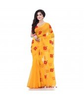  Handloom Cotton Blend Saree Hibicus Joba Flower Embroidery Design With Blouse Piece (Yellow)