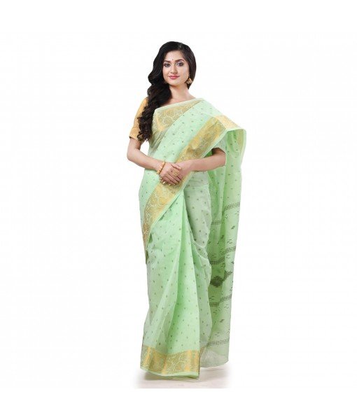  Bengal Tant Zari Kerala Printed Pure Handloom Cotton Saree Without Blouse Piece (White Gold)