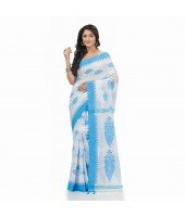  Tant Pure Cotton Handloom Saree Potro Leaf Design With Blouse Piece (Blue)