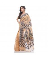 Resham Dhakai Jamdani Pure Cotton Handloom Saree Lojjaboti Design without Blouse Piece (Light Orange)