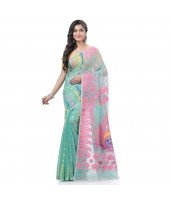 Lojjaboti Leaf Resham Dhakai Jamdani Pure Cotton Handloom Saree Design without Blouse Piece (Firoza)