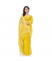 Resham Dhakai Jamdani Bengal Pure Cotton Handloom Saree Diamond Queen Design Yellow