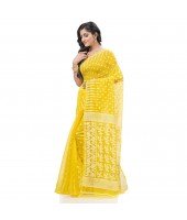  Resham Dhakai Jamdani Bengal Pure Cotton Handloom Saree Diamond Queen Design Yellow