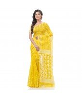  Resham Dhakai Jamdani Bengal Pure Cotton Handloom Saree Diamond Queen Design Yellow