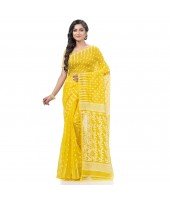  Resham Dhakai Jamdani Bengal Pure Cotton Handloom Saree Diamond Queen Design Yellow