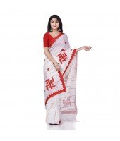 Khesh Pure Cotton Handloom Saree Swastik Designed With Blouse Piece (White Red)