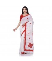 Khesh Pure Cotton Handloom Saree Swastik Designed With Blouse Piece (White Red)