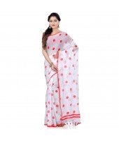 Soft Mulmul Bengal Handloom Pure Cotton Saree Without Blouse Piece (White Red)