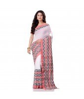 Traditional Bengali Chakra Begampuri Pure Handloom Cotton Saree With Blouse Pcs (Red white)