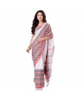 Traditional Bengali Chakra Begampuri Pure Handloom Cotton Saree With Blouse Pcs (Red white)