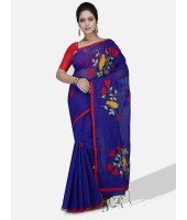 Women`s Bengal Cotton Traditional Handloom Cotton Silk Tant Saree Bird Design With Blouse Piece (Blue)