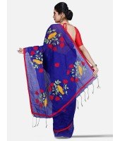 Women`s Bengal Cotton Traditional Handloom Cotton Silk Tant Saree Bird Design With Blouse Piece (Blue)