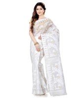 Traditional Bengal Handloom White Resham Dhakai Jamdani Cotton Saree Whole Body Design