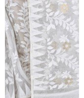 Traditional Bengal Handloom White Resham Dhakai Jamdani Cotton Saree Whole Body Design
