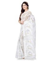 Traditional Bengal Handloom White Resham Dhakai Jamdani Cotton Saree Whole Body Design
