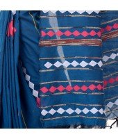 DESH BIDESH Women`s Bengali Khesh Pure Cotton Handloom Saree Diamond Designed With Blouse Piece(Prussian Blue)