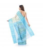 DESH BIDESH Women`s Bengal Tant Jamdani Print Design Pure Handloom Cotton Saree Without Blouse Piece (Blue)