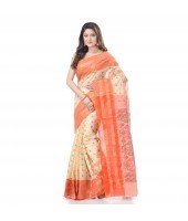 DESH BIDESH Women`s Bengal Tant Jamdani Print Design Pure Handloom Cotton Saree Without Blouse Piece (Orange)
