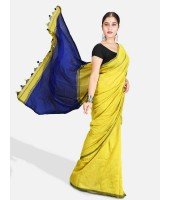DESH BIDESH Women`s Cotton Silk and Bengal Soft Khadi Cotton Mix Ghicha Handloom Saree With Blouse Piece (GreenYellow Light Blue)