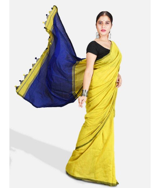 DESH BIDESH Women`s Cotton Silk and Bengal Soft Khadi Cotton Mix Ghicha Handloom Saree With Blouse Piece (GreenYellow Light Blue)