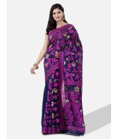 Women`s Handloom Soft Resham Dhakai jamdani Bengal Cotton Silk Tant Saree Whole Body Design with Blouse Pcs (Deep Purple Dark Blue)
