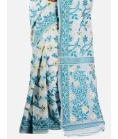 Women`s Handloom Soft Resham Dhakai jamdani Bengal Cotton Silk Tant Saree Whole Body Design with Blouse Pcs (Green Sky Blue White)