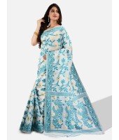 Women`s Handloom Soft Resham Dhakai jamdani Bengal Cotton Silk Tant Saree Whole Body Design with Blouse Pcs (Green Sky Blue White)