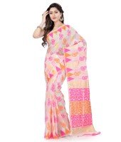 Women`s Handloom Soft Resham Dhakai jamdani Bengal Cotton Silk Tant Saree Whole Body Kolka Design with Blouse Pcs (Pink Orange)