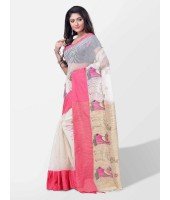Women's Traditional Bengali Cotton Handloom Sakuntala Tant Saree of Bengal with Blouse Piece (Pink White)