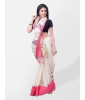 Women's Traditional Bengali Cotton Handloom Sakuntala Tant Saree of Bengal with Blouse Piece (Pink White)