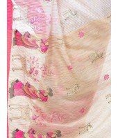 Women's Traditional Bengali Cotton Handloom Sakuntala Tant Saree of Bengal with Blouse Piece (Pink White)