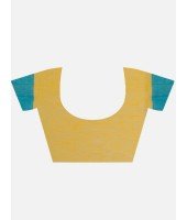 Women Traditional Handloom Woven Design Bengal Khadi Cotton Tant Saree With Blouse Piece Yellow with blue border