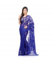 Desh Bidesh Women`s Traditional Bengal Handloom Tant Dhakai Jamdani Cotton Saree Whole Body Design(Blue)