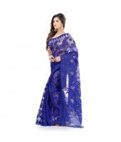 Desh Bidesh Women`s Traditional Bengal Handloom Tant Dhakai Jamdani Cotton Saree Whole Body Design(Blue)
