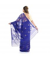 Desh Bidesh Women`s Traditional Bengal Handloom Tant Dhakai Jamdani Cotton Saree Whole Body Design(Blue)