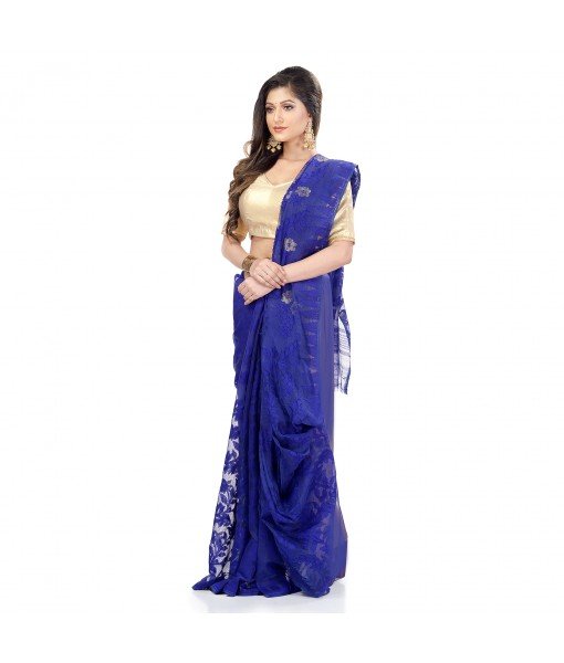 Desh Bidesh Women`s Traditional Bengal Handloom Tant Dhakai Jamdani Cotton Saree Whole Body Design(Blue)