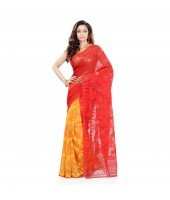 Desh Bidesh Women`s Traditional Bengal Handloom Tant Dhakai Jamdani Cotton Saree Whole Body Design(Red Yellow)