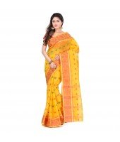  DESH BIDESH Women`s Traditional Bengal Tant Woven Bee Kolka Design Pure Handloom Cotton Saree Without Blouse Piece (Yellow)