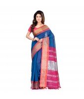 DESH BIDESH Women`s Handloom Cotton Silk Saree Jacquard Maheswari Design Zari Work With Blouse Piece(Blue Pink)