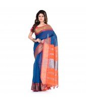 DESH BIDESH Women`s Handloom Cotton Silk Saree Jacquard Maheswari Design Zari Work With Blouse Piece(Blue Orange)