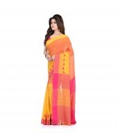  DESH BIDESH Women`s Traditional Bengali Handloom Tant Pure Cotton Saree Pompom Desigined With Blouse Piece (Yellow Pink)
