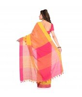  DESH BIDESH Women`s Traditional Bengali Handloom Tant Pure Cotton Saree Pompom Desigined With Blouse Piece (Yellow Pink)