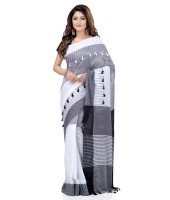 Women`s Traditional Bengali Handloom Tant Pure Cotton Saree Pompom Desigined With Blouse Piece (Deep Black Grey White)