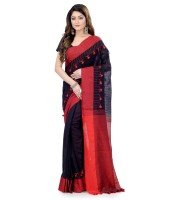 Red & Black Traditional Bengali Handloom Tant Pure Cotton Saree Pompom Desigined With Blouse Piece