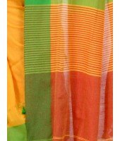 Women`s Traditional Bengali Handloom Tant Pure Cotton Saree with Pom Pom lace Designed With Blouse Piece (Green Yellow Red)