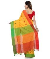 Women`s Traditional Bengali Handloom Tant Pure Cotton Saree with Pom Pom lace Designed With Blouse Piece (Green Yellow Red)