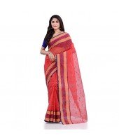 DESH BIDESH Women`s Traditional Tant Pure Cotton Handloom Saree Woven Sudarshana Designer Without Blouse Piece Red