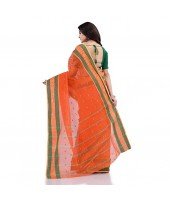 DESH BIDESH Women`s Traditional Tant Pure Cotton Handloom Saree Woven Sudarshana Designer Without Blouse Piece (Orange & Green)