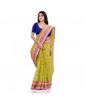 DESH BIDESH Women`s Traditional Tant Pure Cotton Handloom Saree Woven Sudarshana Designer Without Blouse Piece (Yellow & Pink)