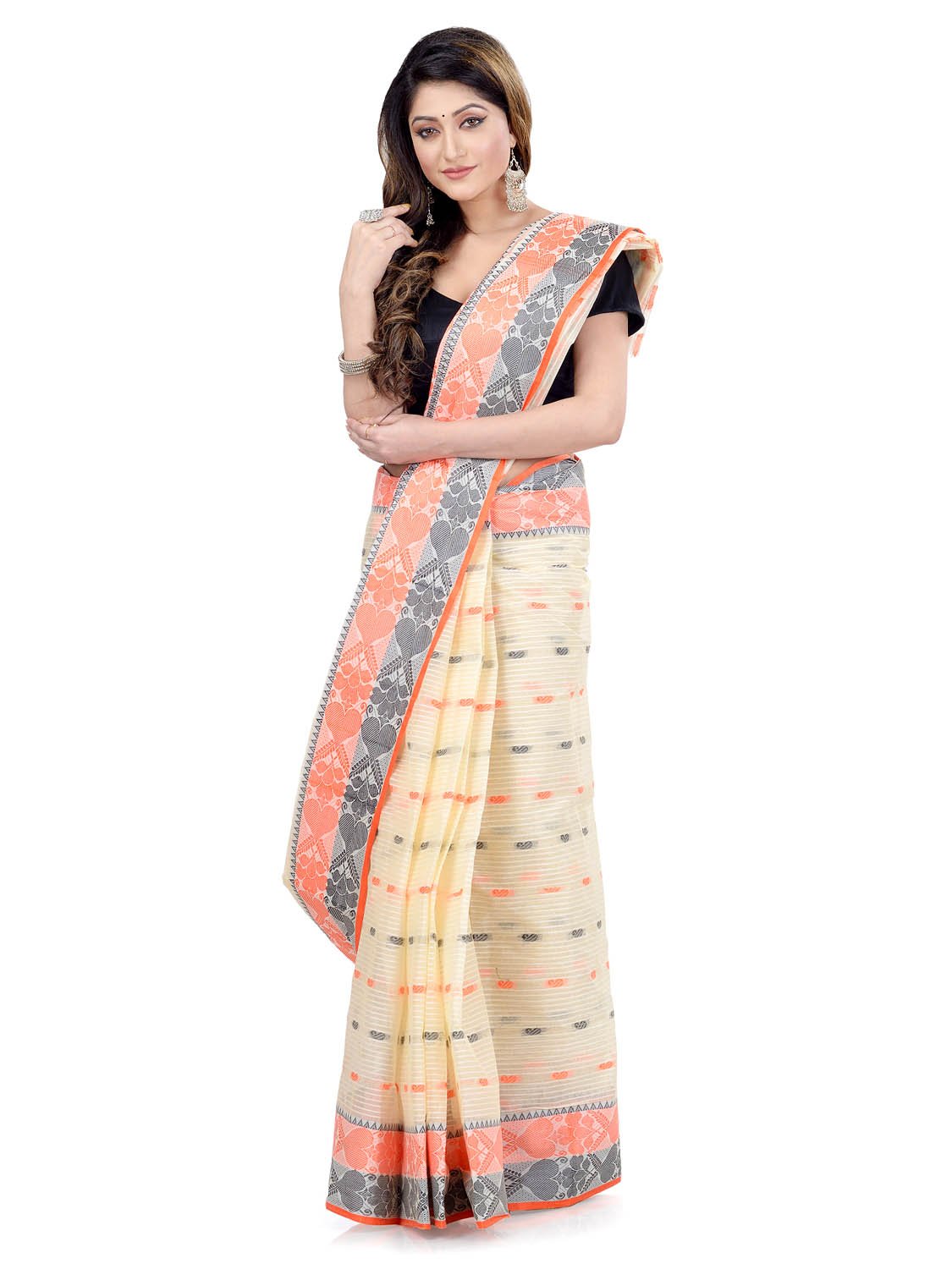 Women Pure Bengal Tant Traditional Handloom Bengali Cotton Saree Noyonchuri Design Without Blouse Piece
